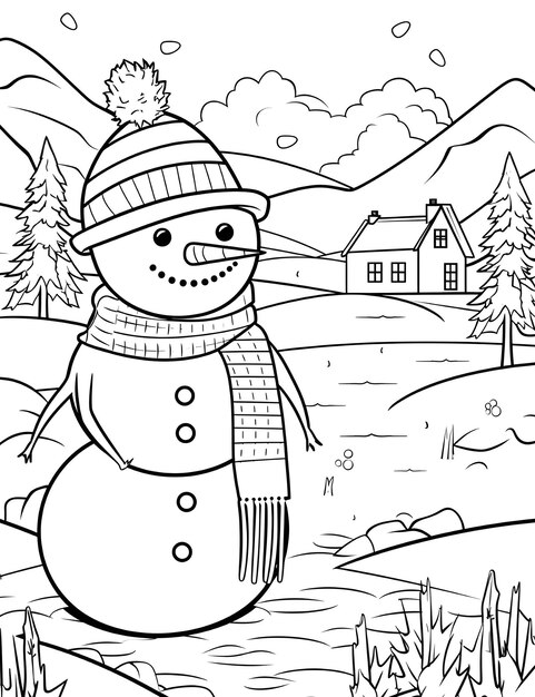 Photo homme de neige de noël avec paysage d'hiver et page de livre de coloriage de neige pour enfants