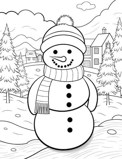 Photo homme de neige de noël avec paysage d'hiver et page de livre de coloriage de neige pour enfants