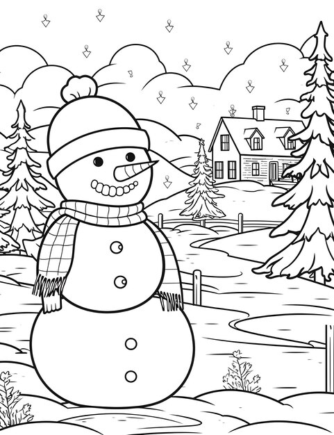 Photo homme de neige de noël avec paysage d'hiver et page de livre de coloriage de neige pour enfants