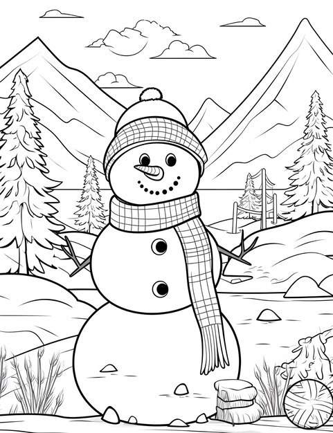 Homme de neige de Noël avec paysage d'hiver et page de livre de coloriage de neige pour enfants