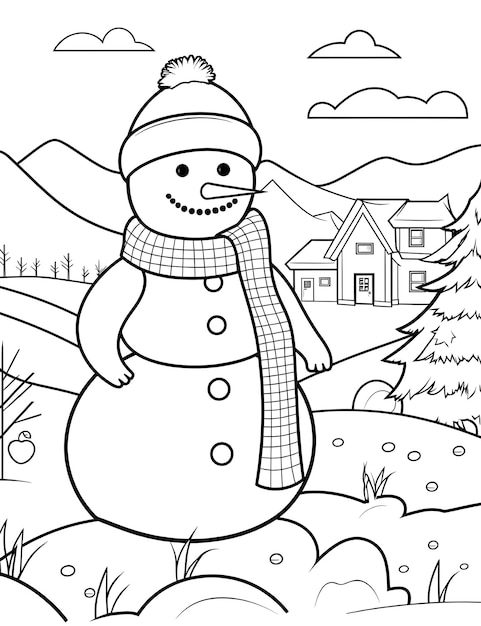 Homme de neige de Noël avec paysage d'hiver et page de livre de coloriage de neige pour enfants