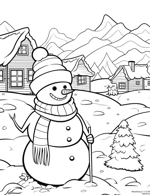 Photo homme de neige de noël avec paysage d'hiver et page de livre de coloriage de neige pour enfants