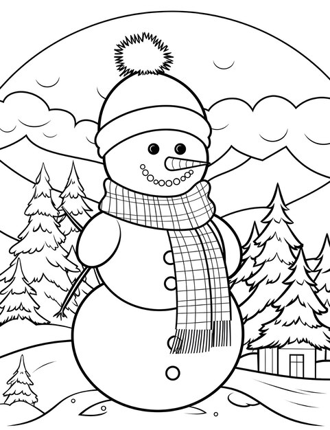 Photo homme de neige de noël avec paysage d'hiver et page de livre de coloriage de neige pour enfants