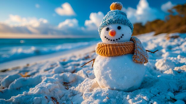 Homme de neige sur une plage Illusion ensoleillée Ami glacé sur le rivage