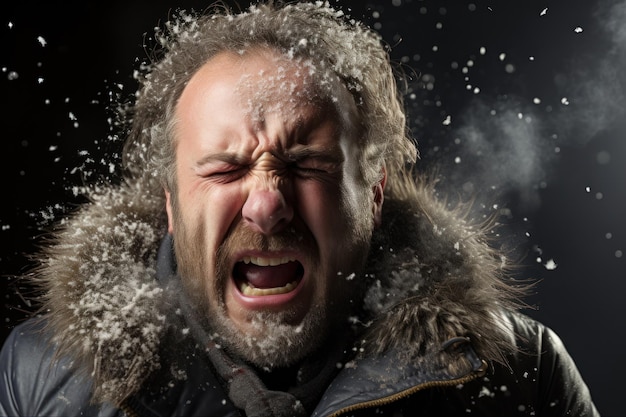 un homme avec de la neige sur le visage