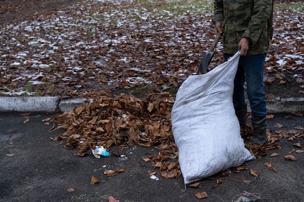 Un homme nettoie et balaie une cour