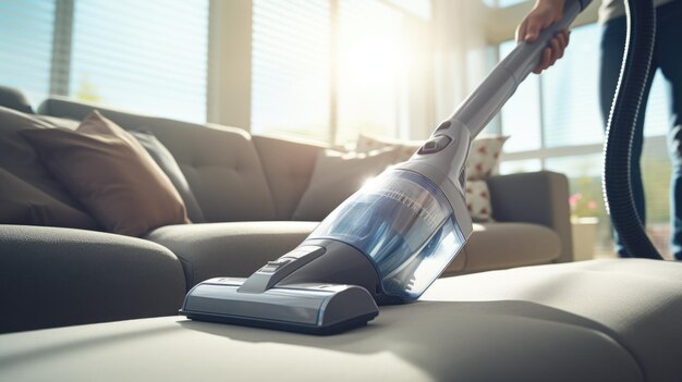 Photo un homme nettoie le canapé avec un aspirateur.