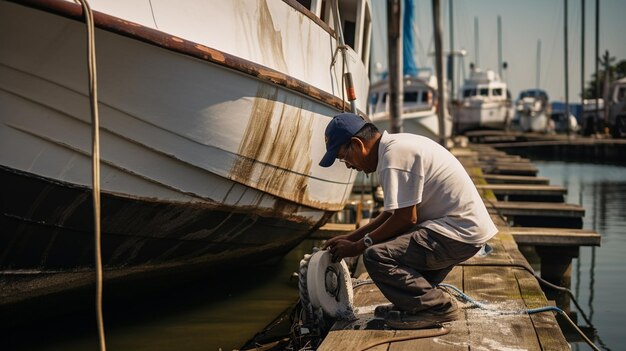 Un homme nettoie la mer avec un bateau.