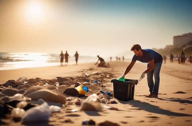 Un homme nettoie les ordures sur la plage.