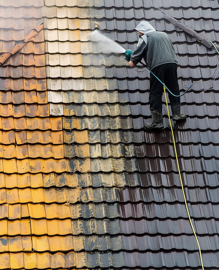 Photo un homme nettoie le toit avec un pulvérisateur dessus
