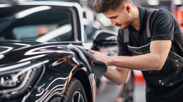 Un homme nettoie une voiture noire avec un chiffon en microfibre.