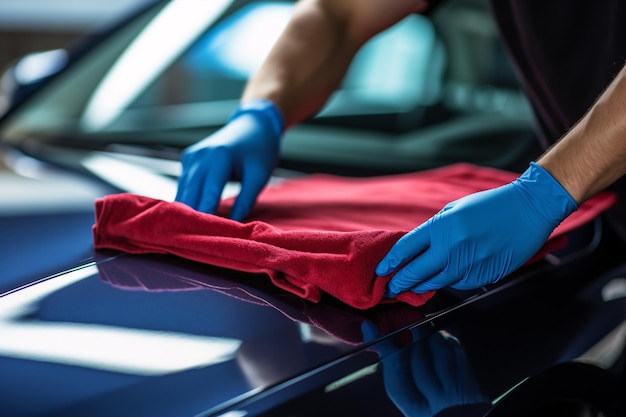 Homme nettoyant et détaillant une voiture de luxe avec un tissu en microfibre Service de lavage de voitures Homme tenant la main rouge