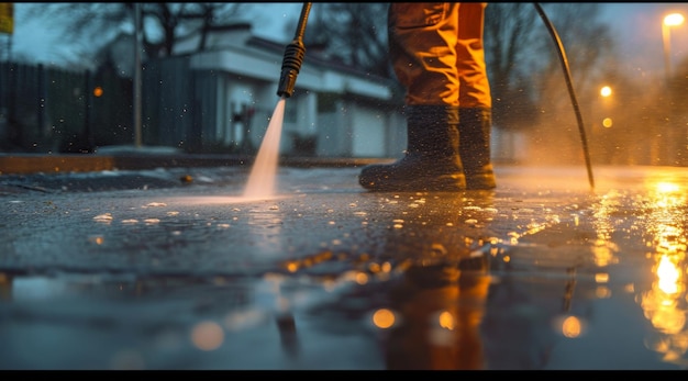 homme nettoyant le trottoir avec un lave-linge à pression