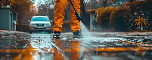 Homme nettoyant un trottoir avec un tuyau d'eau à haute pression Concept Nettoyage extérieur Maintenance du trottoir par tuyau à haute pression Homme au travail Equipement de nettoyage