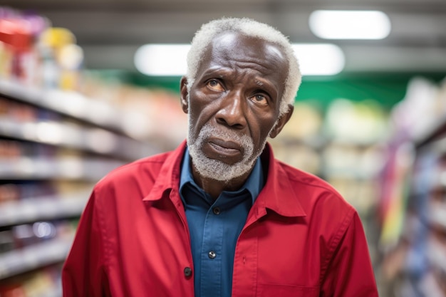 Un homme noir âgé avec une expression réfléchie dans l'allée de l'épicerie