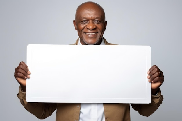 Un homme noir âgé heureux tenant une bannière blanche isolée. Portrait de studio isolé.