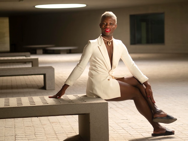 Homme noir androgyne élégant assis sur un banc