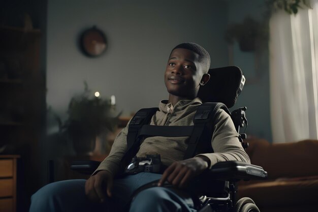 Un homme noir assis dans un fauteuil roulant à l'intérieur de la maison.