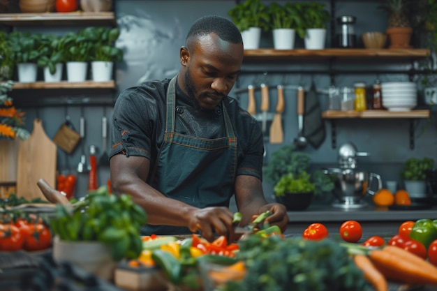 un homme noir concentré dans un tablier tranche habilement des légumes sur un comptoir dans une cuisine contemporaine bien équipée entourée d'ingrédients frais et d'outils de cuisine