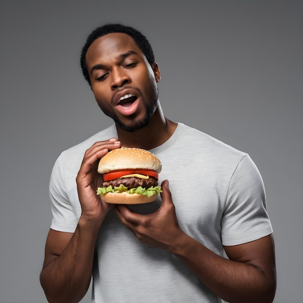 Un homme noir debout mangeant un hamburger sur un fond plat