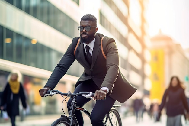 Un homme noir déterminé se rend au travail en toute confiance sur son vélo, même vêtu d'un costume élégant AI Generated