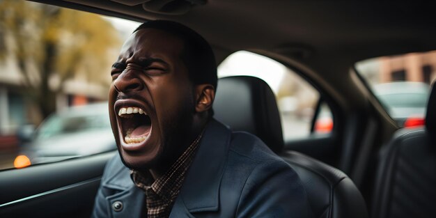 Photo un homme noir exprime sa frustration à l'arrière d'une voiture concept émotions frustration transport afro-américain expression faciale