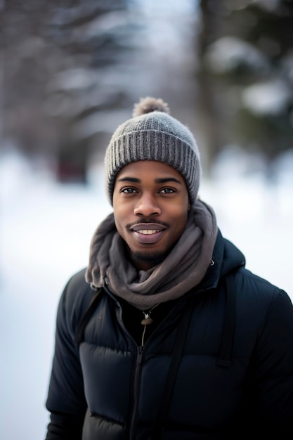 Un homme noir heureux te regardant en hiver.