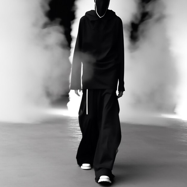 un homme en noir marche devant de la fumée.