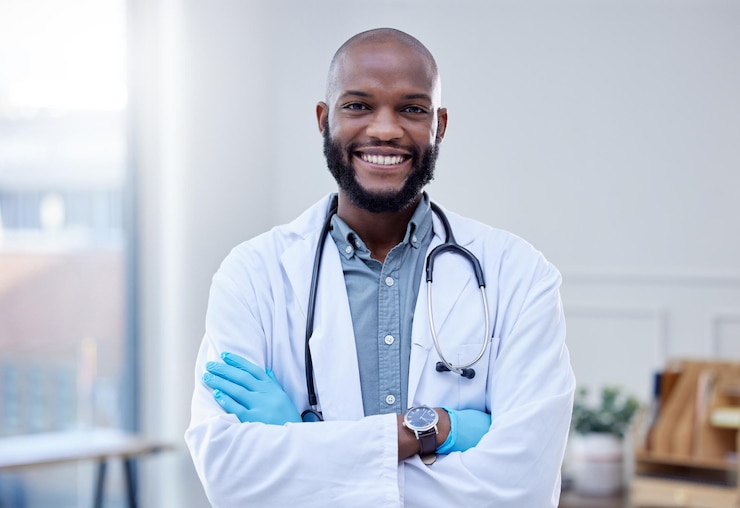 Photo homme noir médecin et portrait avec sourire au bureau avec confiance pour un emploi dans le domaine médical avec bonheur expert en soins de santé professionnel et stéthoscope avec fierté d'aider les personnes en santé