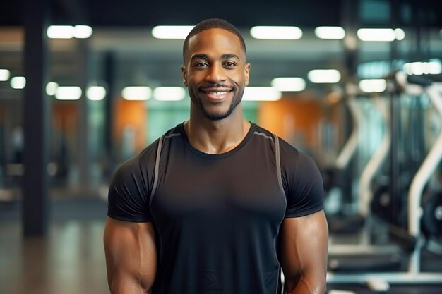 Un homme noir musclé et attrayant en vêtements de sport se tient sur le fond d'une salle de sport.