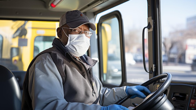 Un homme noir portant un masque et des gants conduisant un bus