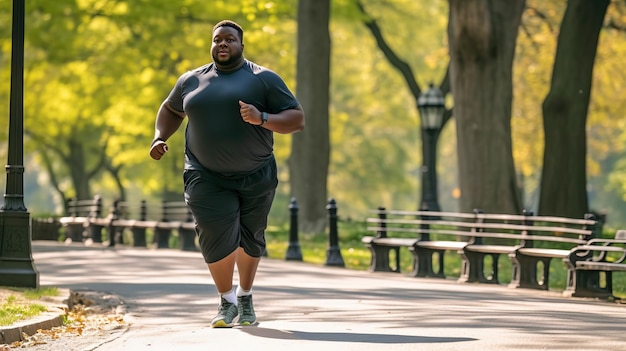 un homme noir potelé exerçant un jogger en bonne santé marchant dans un parc de la ville