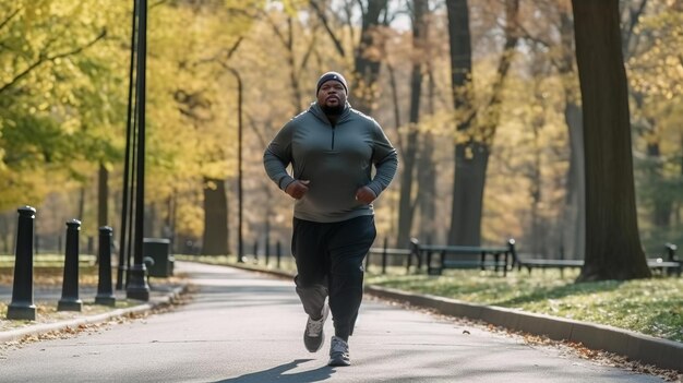 un homme noir potelé exerçant un jogger en bonne santé marchant dans un parc de la ville