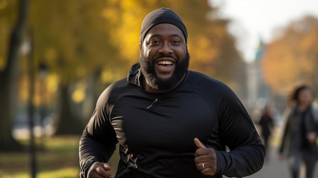 Un homme noir potelé faisant de l'exercice et un jogger en bonne santé marchant dans un parc de la ville