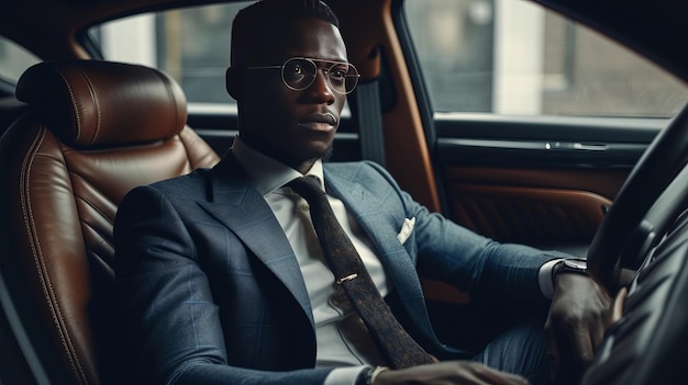 Un homme noir prospère en costume d'affaires assis dans un luxueux intérieur de voiture en cuir