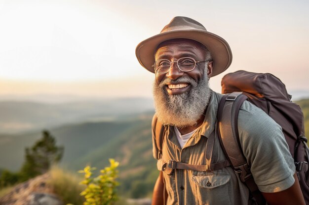 Homme noir à la retraite actif en randonnée en plein air dans les montagnes en été