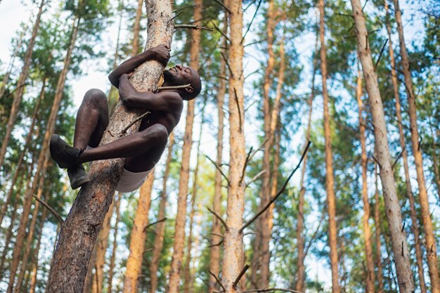 Homme Noir Sans Chemise Grimpe à Un Arbre