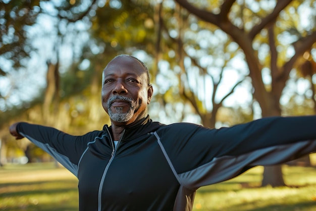 Photo homme noir senior qui s'étend en plein air au parc