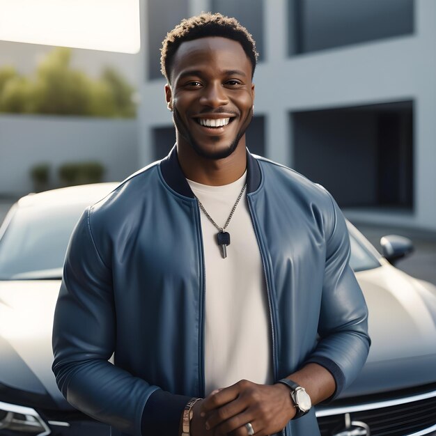 Photo un homme noir souriant debout avec la clé de la voiture à la main