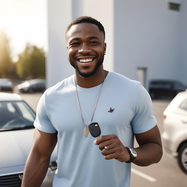 Photo un homme noir souriant debout avec la clé de la voiture à la main