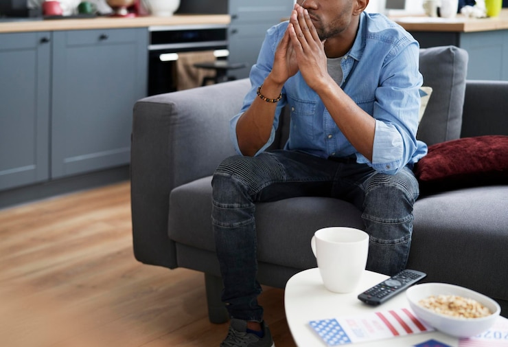 Photo un homme noir stressé en regardant la télévision.
