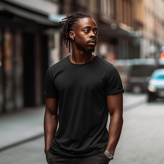 Homme noir avec un t-shirt noir vide générative ai