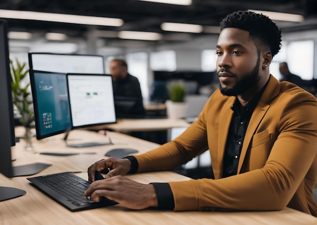 homme noir travaillant dans un bureau moderne