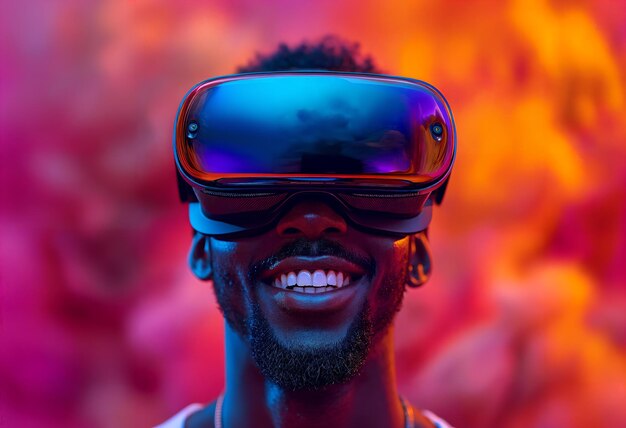 un homme noir en vêtements fantaisistes futuristes portant des lunettes de réalité virtuelle