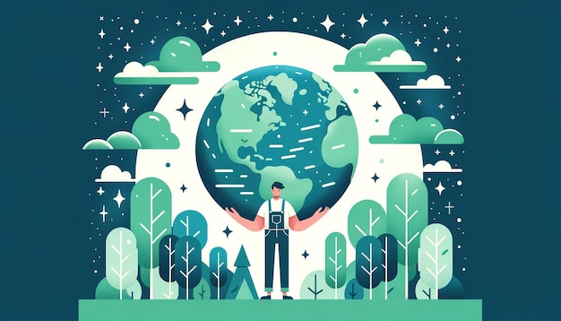 Homme nourrissant la préservation de la planète verte de la Terre dans une illustration plate minimaliste
