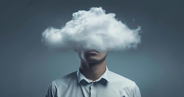 Photo homme avec un nuage au-dessus de sa tête représentant la solitude et la dépression concept abstrait