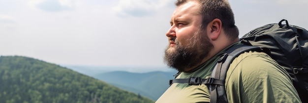 Un homme obèse avec une barbe et un sac à dos escalade les montagnes Concept de mode de vie sain