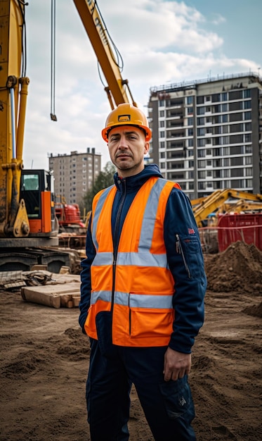 Un homme observant un chantier de construction de loin Un homme debout devant un chantiers de construction