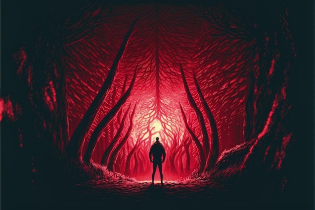 Homme observant un éclairage moderne lumineux dans un bois cramoisi magique Concept fantastique Peinture d'illustration AI générative