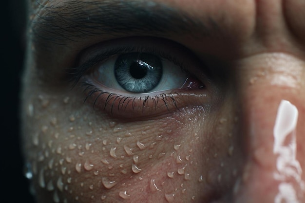 un homme avec un œil bleu et un œil vert avec des gouttes d'eau.